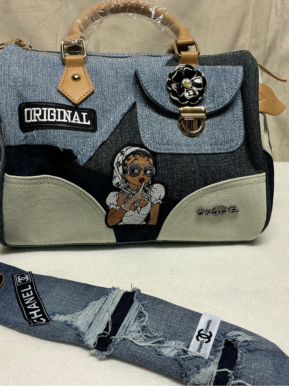 Original Denim Patch Satchel Bag with Beige Accents